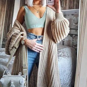 khaki Chunky Knit Open front comfy cozy sweater Cardigan